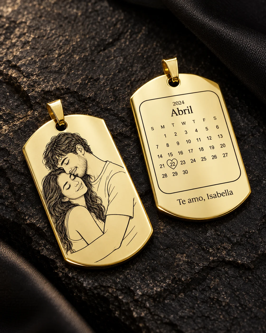 Illustrative studio example of a gold keychain, showing a couple's line-art portrait and a personalized calendar on the reverse